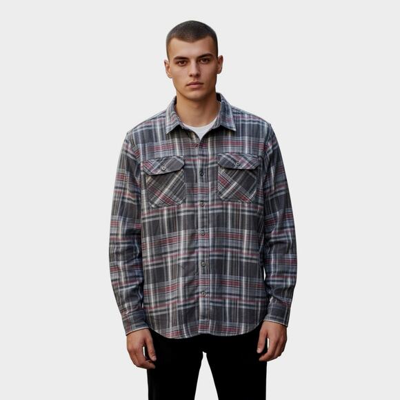 prAna Wool Blend Grey Maroon Plaid Pocket Button Down Flannel Shirt - L - Picture 1 of 10